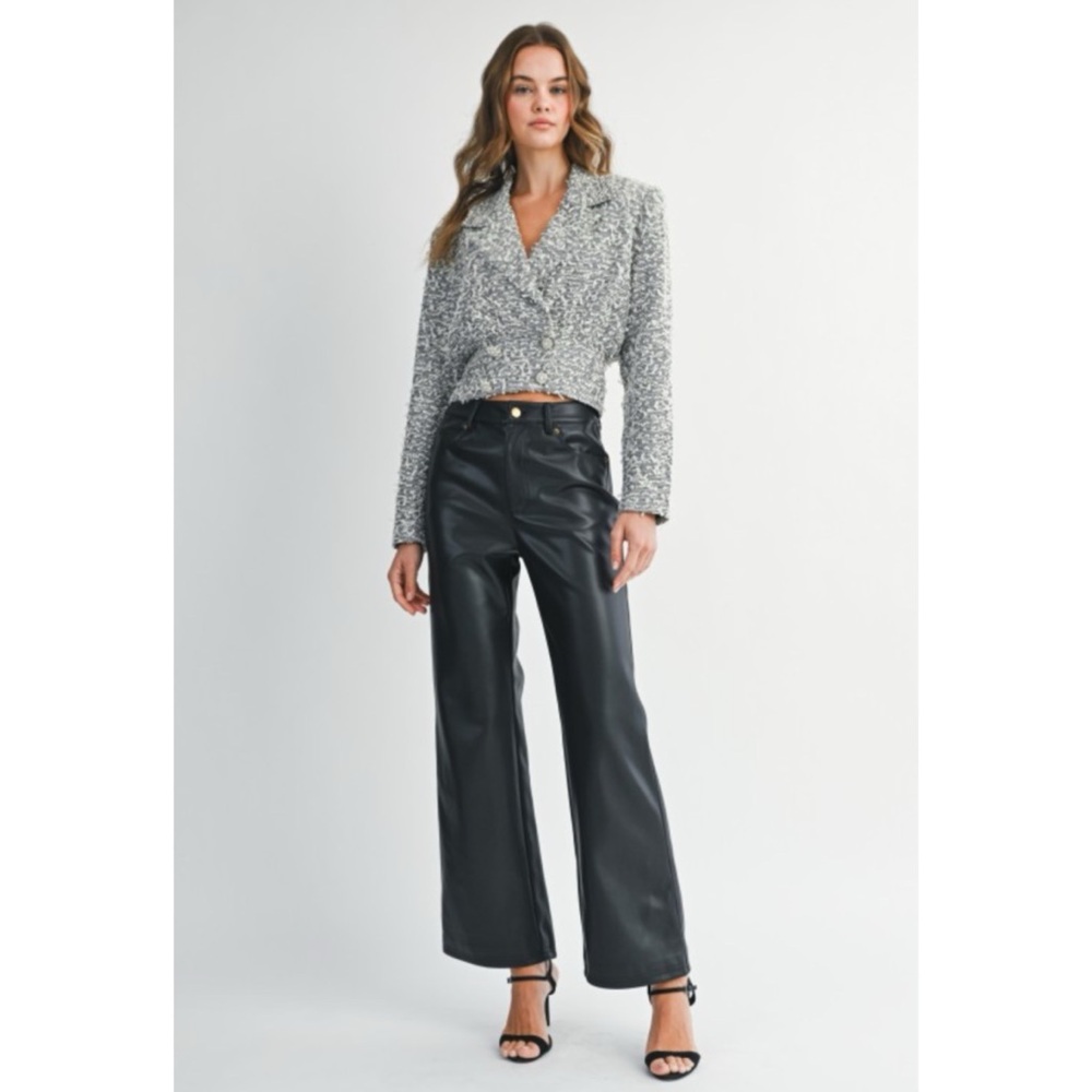1074 • Black/White Confetti Tweed Crop Blazer Jacket w/Pearl Rhinestone Buttons - Picture 10 of 11